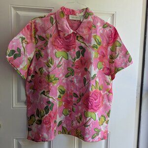 Lemon Grass Pink Floral Short Sleeve Button Up Collared Shirt